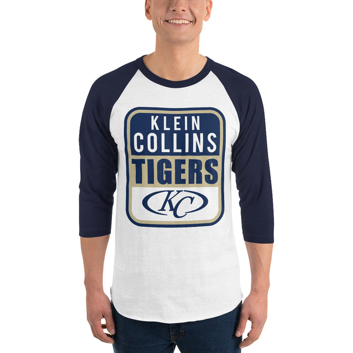 Man wearing a Klein Collins High School Tigers Unisex 3/4 Sleeve Raglan T-shirt 01