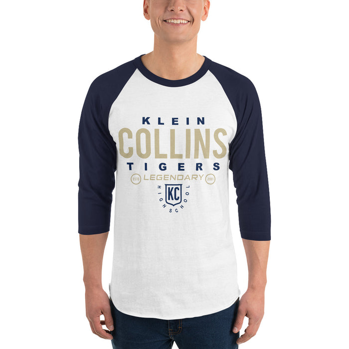 Man wearing a Klein Collins High School Tigers Unisex 3/4 Sleeve Raglan T-shirt 03