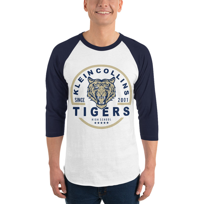 Man wearing a Klein Collins High School Tigers Unisex 3/4 Sleeve Raglan T-shirt 04