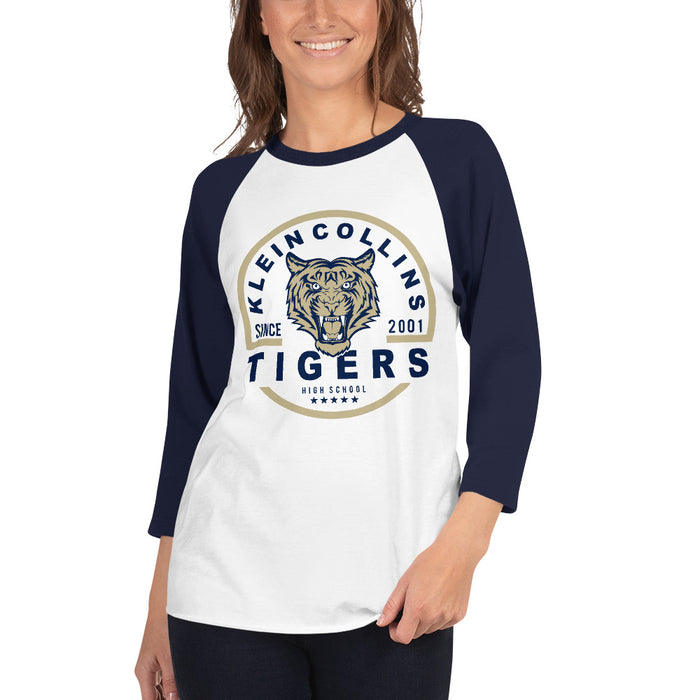 Woman wearing a Klein Collins High School Tigers Unisex 3/4 Sleeve Raglan T-shirt 04