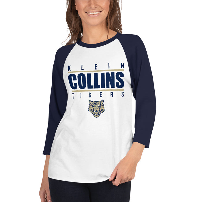 Woman wearing a Klein Collins High School Tigers Unisex 3/4 Sleeve Raglan T-shirt 07