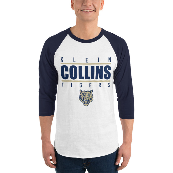 Man wearing a Klein Collins High School Tigers Unisex 3/4 Sleeve Raglan T-shirt 07