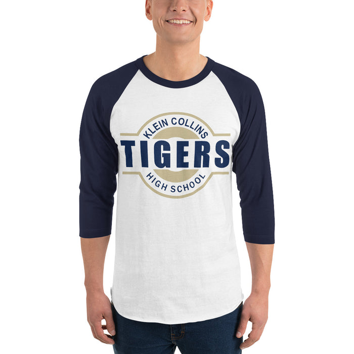 Man wearing a Klein Collins High School Tigers Unisex 3/4 Sleeve Raglan T-shirt 11