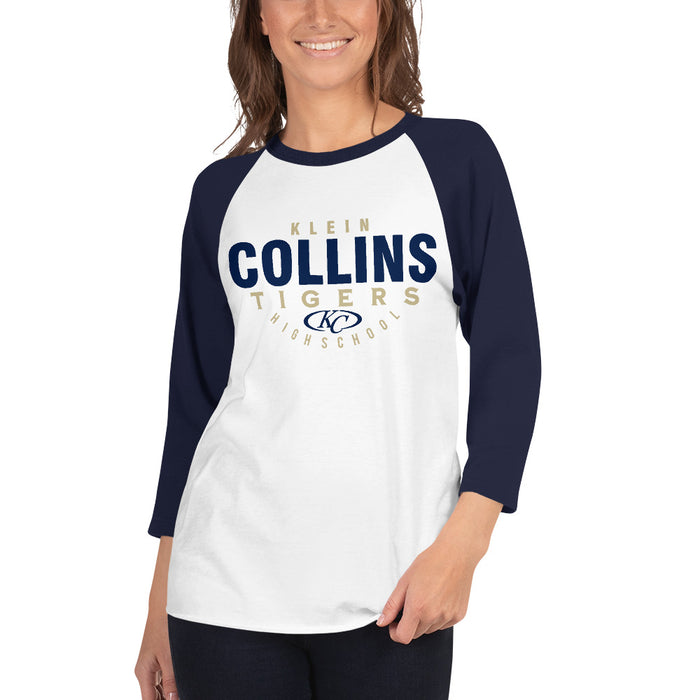 Woman wearing a Klein Collins High School Tigers Unisex 3/4 Sleeve Raglan T-shirt 12