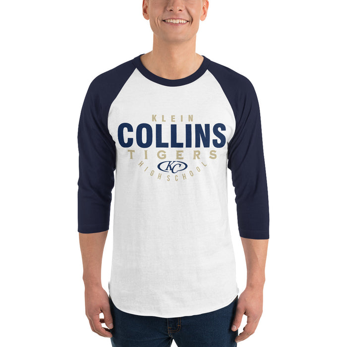 Man wearing a Klein Collins High School Tigers Unisex 3/4 Sleeve Raglan T-shirt 12