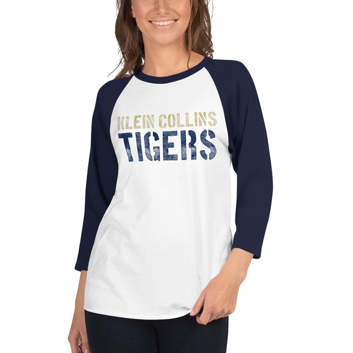 Woman wearing a Klein Collins High School Tigers Unisex 3/4 Sleeve Raglan T-shirt 17