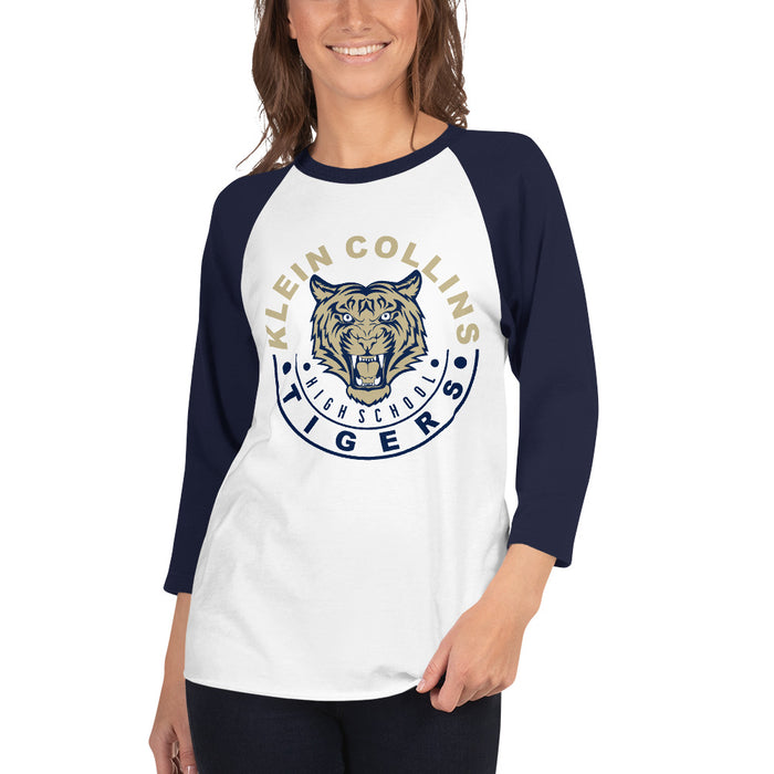 Woman wearing a Klein Collins High School Tigers Unisex 3/4 Sleeve Raglan T-shirt 19