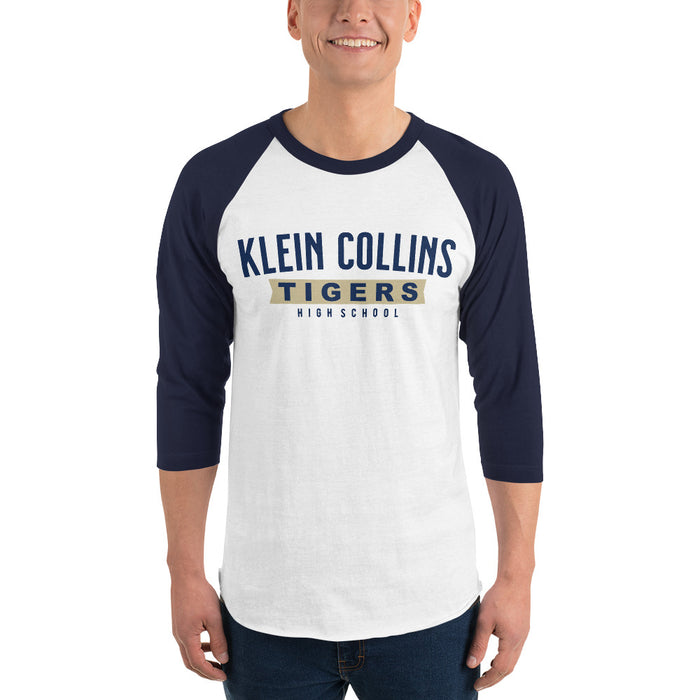 Man wearing a Klein Collins High School Tigers Unisex 3/4 Sleeve Raglan T-shirt 21