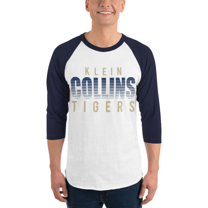 Man wearing a Klein Collins High School Tigers Unisex 3/4 Sleeve Raglan T-shirt 24