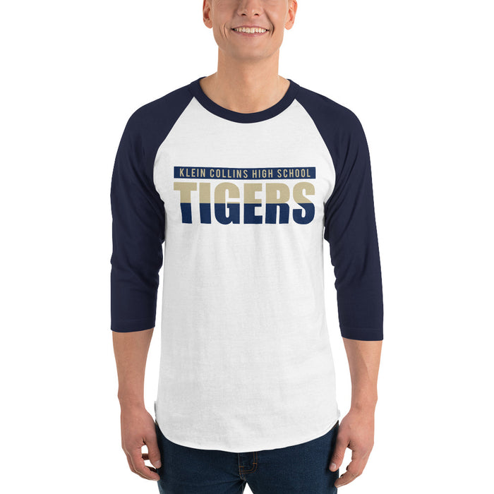 Man wearing a Klein Collins High School Tigers Unisex 3/4 Sleeve Raglan T-shirt 25