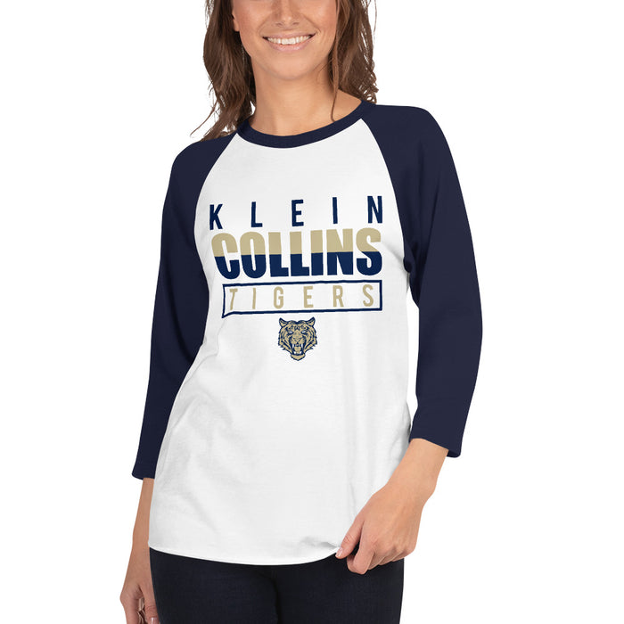 Woman wearing a Klein Collins High School Tigers Unisex 3/4 Sleeve Raglan T-shirt 29