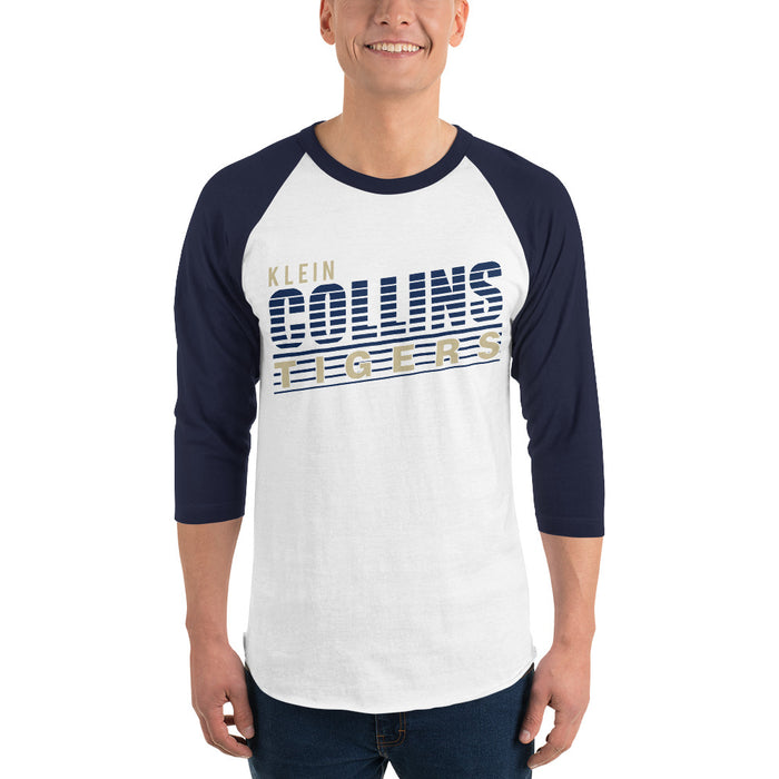 Man wearing a Klein Collins High School Tigers Unisex 3/4 Sleeve Raglan T-shirt 32