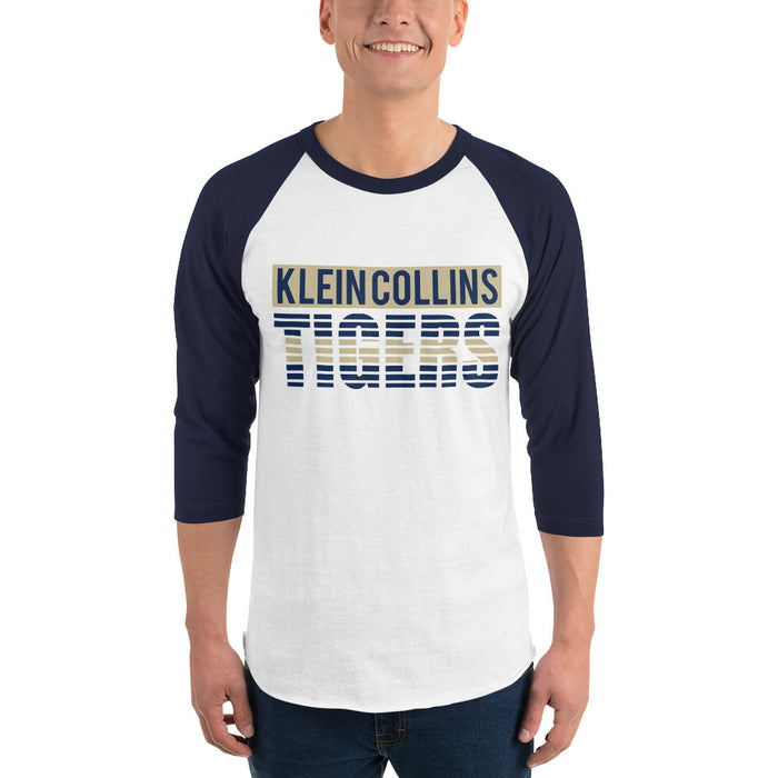 Man wearing a Klein Collins High School Tigers Unisex 3/4 Sleeve Raglan T-shirt 35