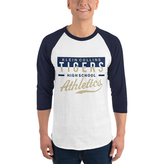 Man wearing a Klein Collins High School Tigers Unisex 3/4 Sleeve Raglan T-shirt 48