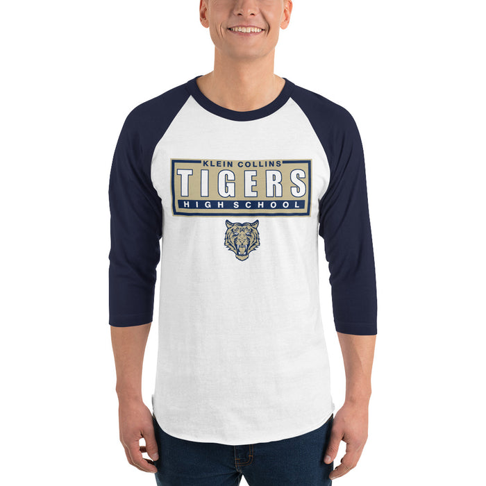 Man wearing a Klein Collins High School Tigers Unisex 3/4 Sleeve Raglan T-shirt 49