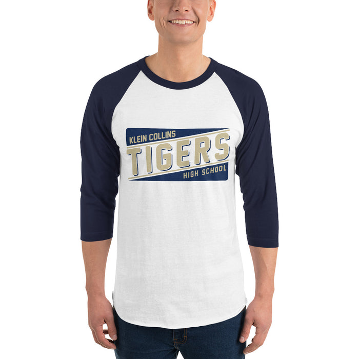 Man wearing a Klein Collins High School Tigers Unisex 3/4 Sleeve Raglan T-shirt 84