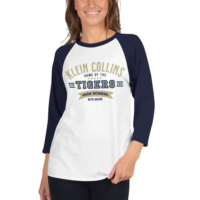 Woman wearing a Klein Collins High School Tigers Unisex 3/4 Sleeve Raglan T-shirt 96