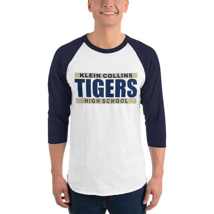 Man wearing a Klein Collins High School Tigers Unisex 3/4 Sleeve Raglan T-shirt 98