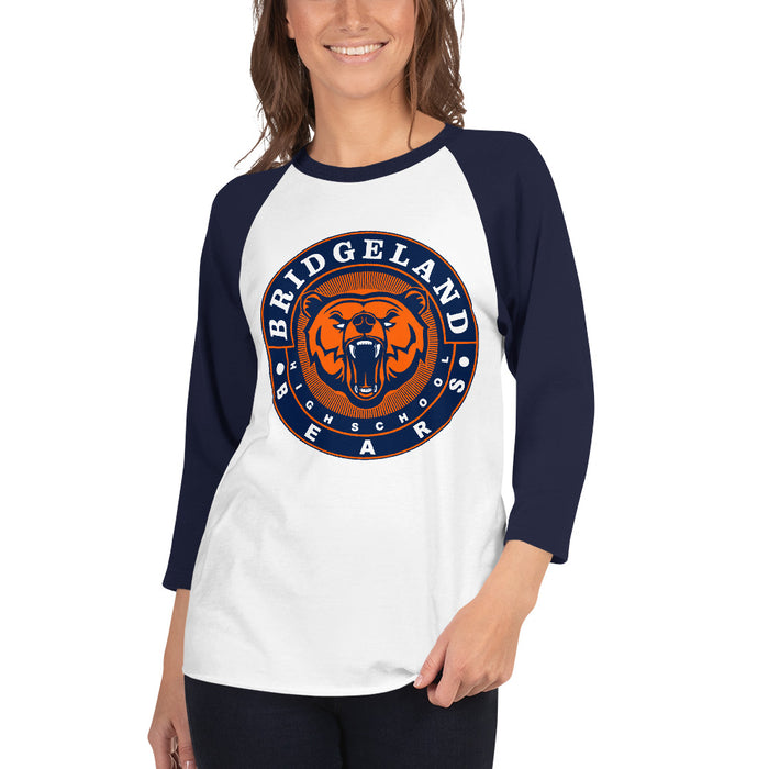 Woman wearing a Bridgeland High School Bears Unisex 3/4 sleeve Raglan T-shirt 02