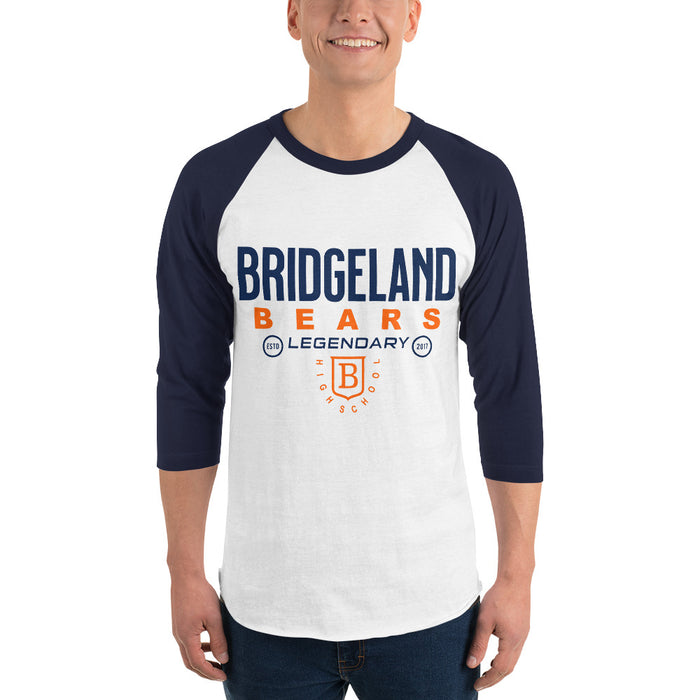 Man wearing a Bridgeland High School Bears Unisex 3/4 sleeve Raglan T-shirt 03