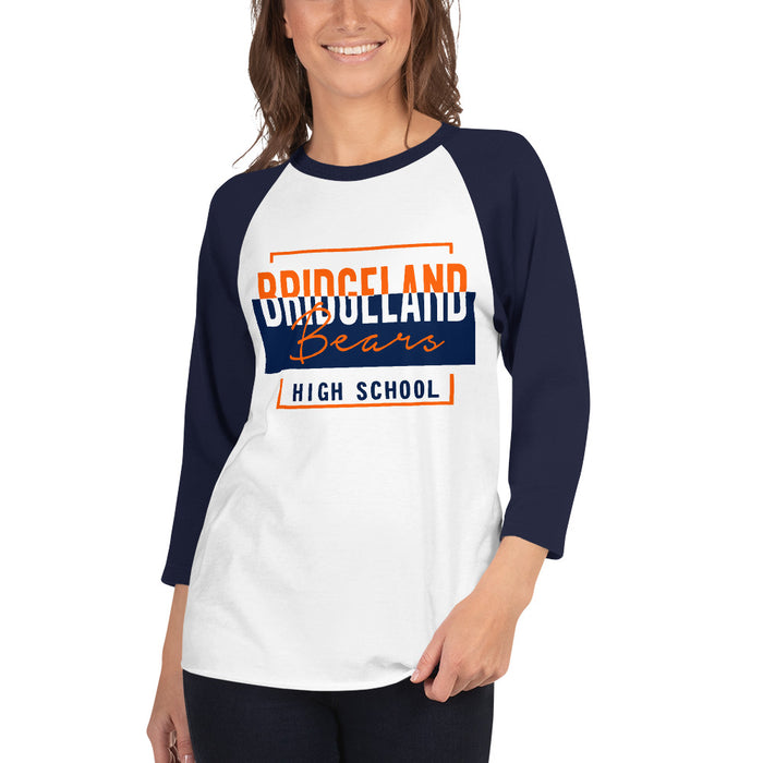 Woman wearing a Bridgeland High School Bears Unisex 3/4 sleeve Raglan T-shirt 05