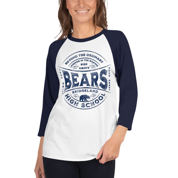 Woman wearing a Bridgeland High School Bears Unisex 3/4 sleeve Raglan T-shirt 10