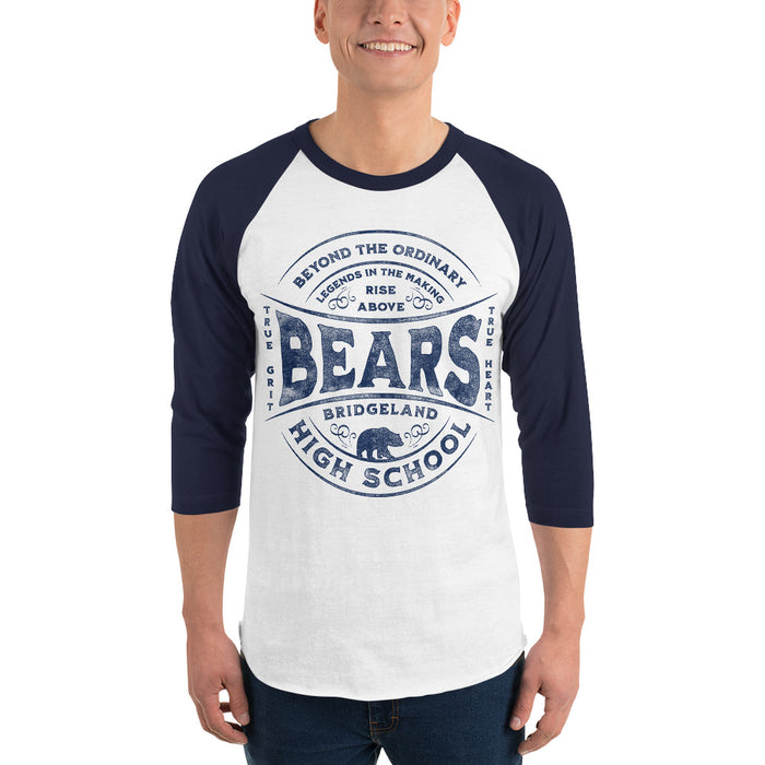 Man wearing a Bridgeland High School Bears Unisex 3/4 sleeve Raglan T-shirt 10