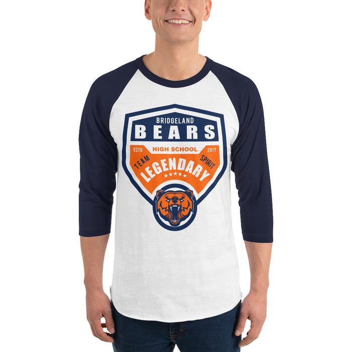 Man wearing a Bridgeland High School Bears Unisex 3/4 sleeve Raglan T-shirt 14