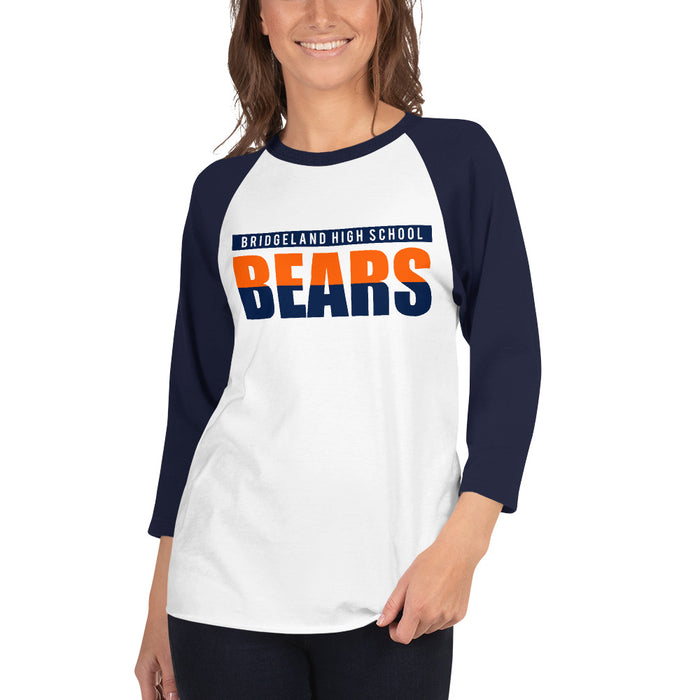 Woman wearing a Bridgeland High School Bears Unisex 3/4 sleeve Raglan T-shirt 25