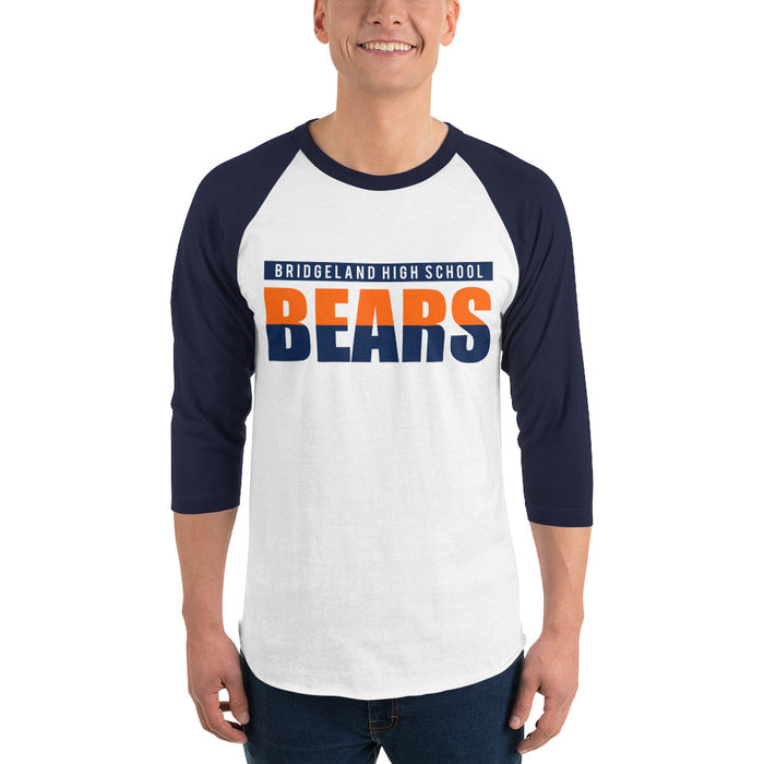 Man wearing a Bridgeland High School Bears Unisex 3/4 sleeve Raglan T-shirt 25