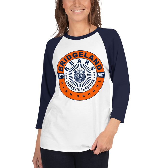 Woman wearing a Bridgeland High School Bears Unisex 3/4 sleeve Raglan T-shirt 30