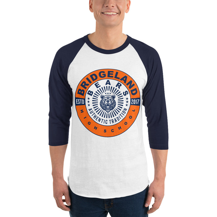 Man wearing a Bridgeland High School Bears Unisex 3/4 sleeve Raglan T-shirt 30