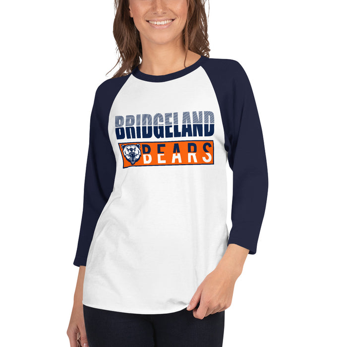 Woman wearing a Bridgeland High School Bears Unisex 3/4 sleeve Raglan T-shirt 31