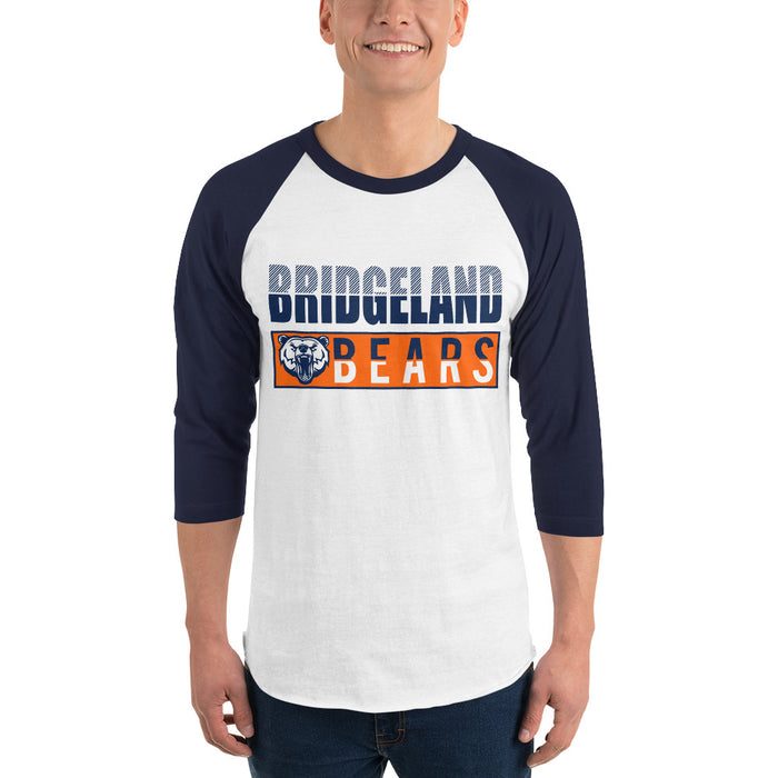 Man wearing a Bridgeland High School Bears Unisex 3/4 sleeve Raglan T-shirt 31