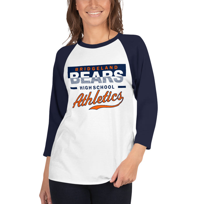 Woman wearing a Bridgeland High School Bears Unisex 3/4 sleeve Raglan T-shirt 48