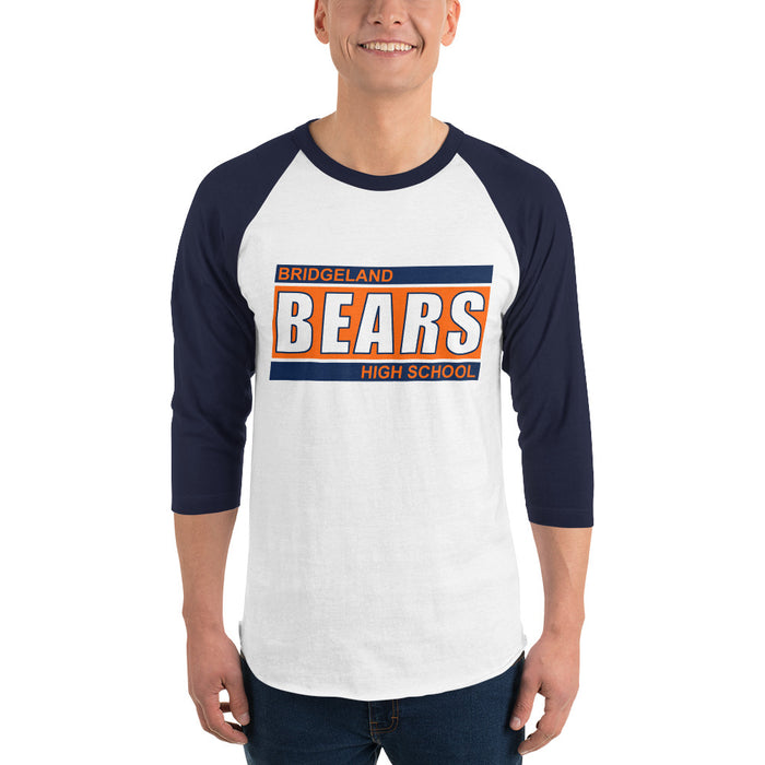 Man wearing a Bridgeland High School Bears Unisex 3/4 sleeve Raglan T-shirt 72