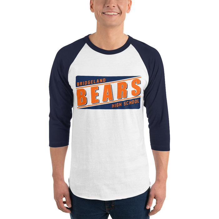 Man wearing a Bridgeland High School Bears Unisex 3/4 sleeve Raglan T-shirt 84