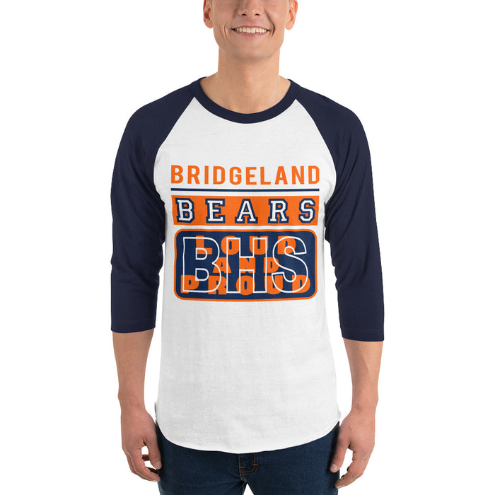 Man wearing a Bridgeland High School Bears Unisex 3/4 sleeve Raglan T-shirt 86