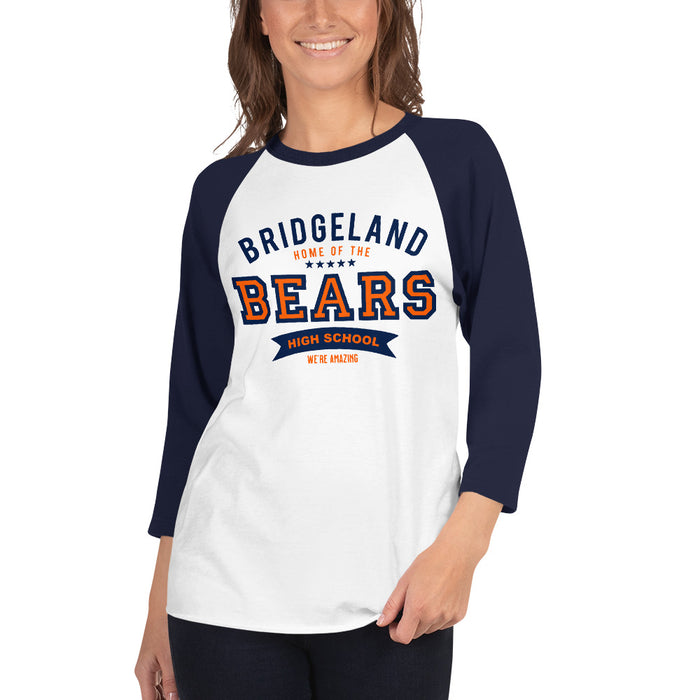 Woman wearing a Bridgeland High School Bears Unisex 3/4 sleeve Raglan T-shirt 96