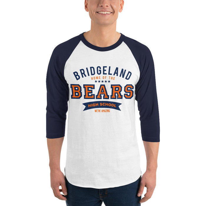 Man wearing a Bridgeland High School Bears Unisex 3/4 sleeve Raglan T-shirt 96