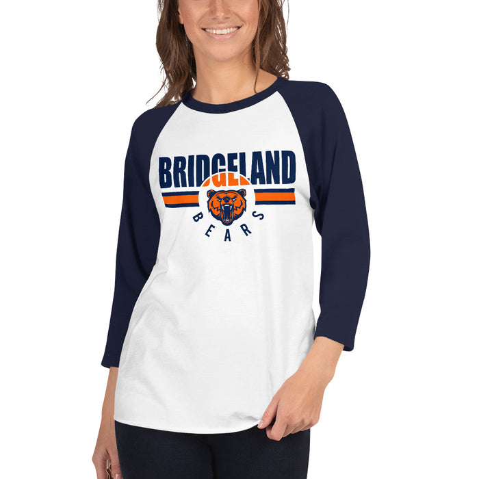 Woman wearing a Bridgeland High School Bears Unisex 3/4 sleeve Raglan T-shirt 101