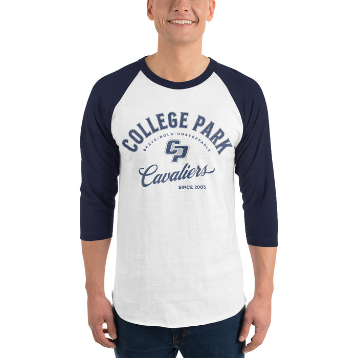 Man wearing a College Park High School Cavaliers Unisex 3/4 sleeve Raglan T-shirt 201