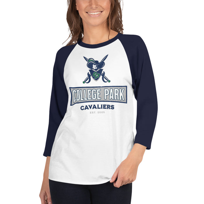 Woman wearing a College Park High School Cavaliers Unisex 3/4 sleeve Raglan T-shirt 204