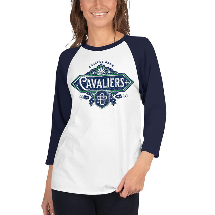 Woman wearing a College Park High School Cavaliers Unisex 3/4 sleeve Raglan T-shirt 205