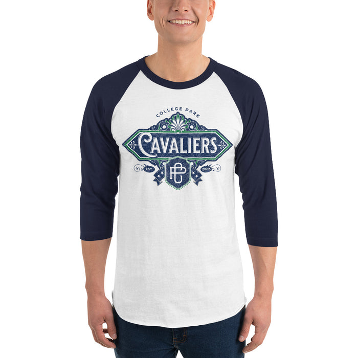 Man wearing a College Park High School Cavaliers Unisex 3/4 sleeve Raglan T-shirt 205