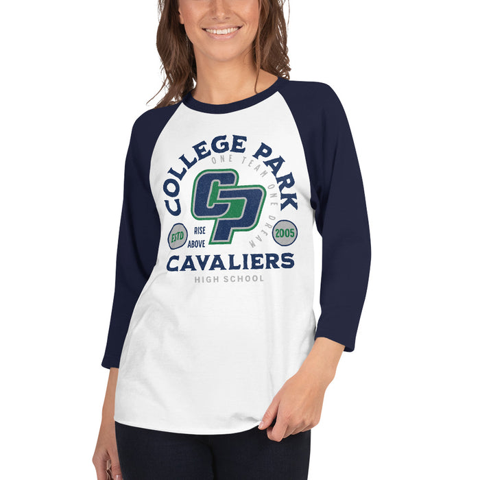 Woman wearing a College Park High School Cavaliers Unisex 3/4 sleeve Raglan T-shirt 207