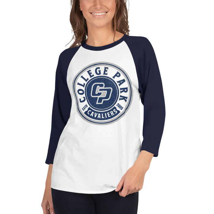 Woman wearing a College Park High School Cavaliers Unisex 3/4 sleeve Raglan T-shirt 209