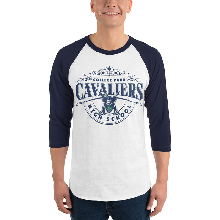 Man wearing a College Park High School Cavaliers Unisex 3/4 sleeve Raglan T-shirt 214