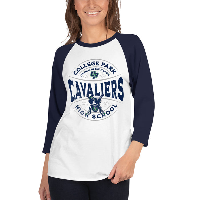 Woman wearing a College Park High School Cavaliers Unisex 3/4 sleeve Raglan T-shirt 220 