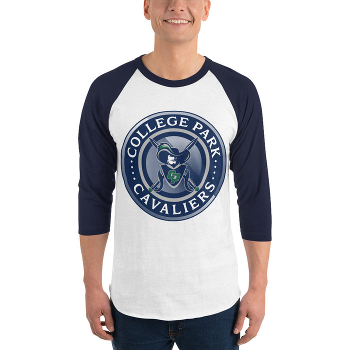 Man wearing a College Park High School Cavaliers Unisex 3/4 sleeve Raglan T-shirt 221